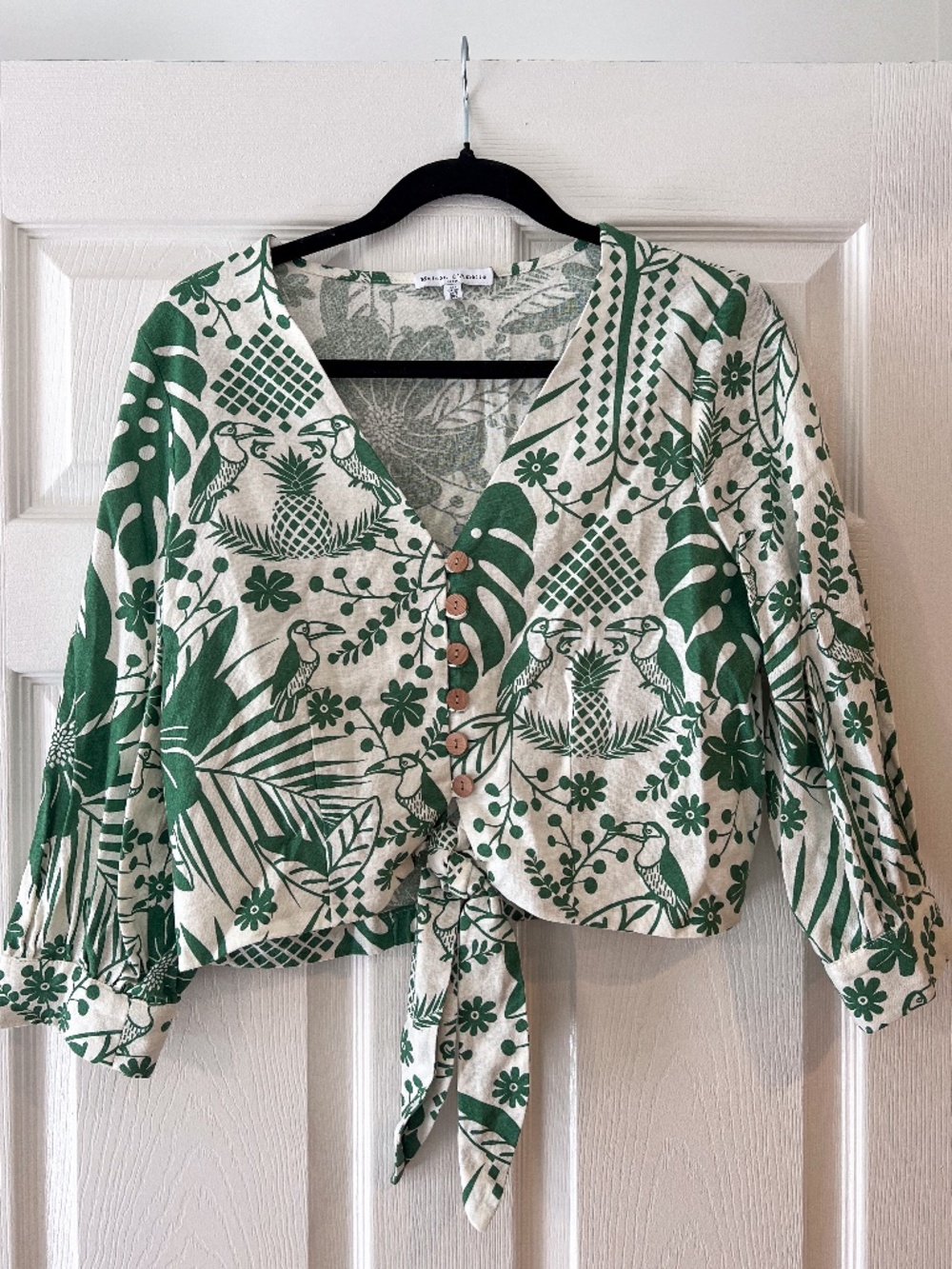 Maison d’Amélie Green Tropical Linen Blend Tie Front Blouse Size S